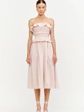 Smocked Strapless Midi Dress in Blush Pink